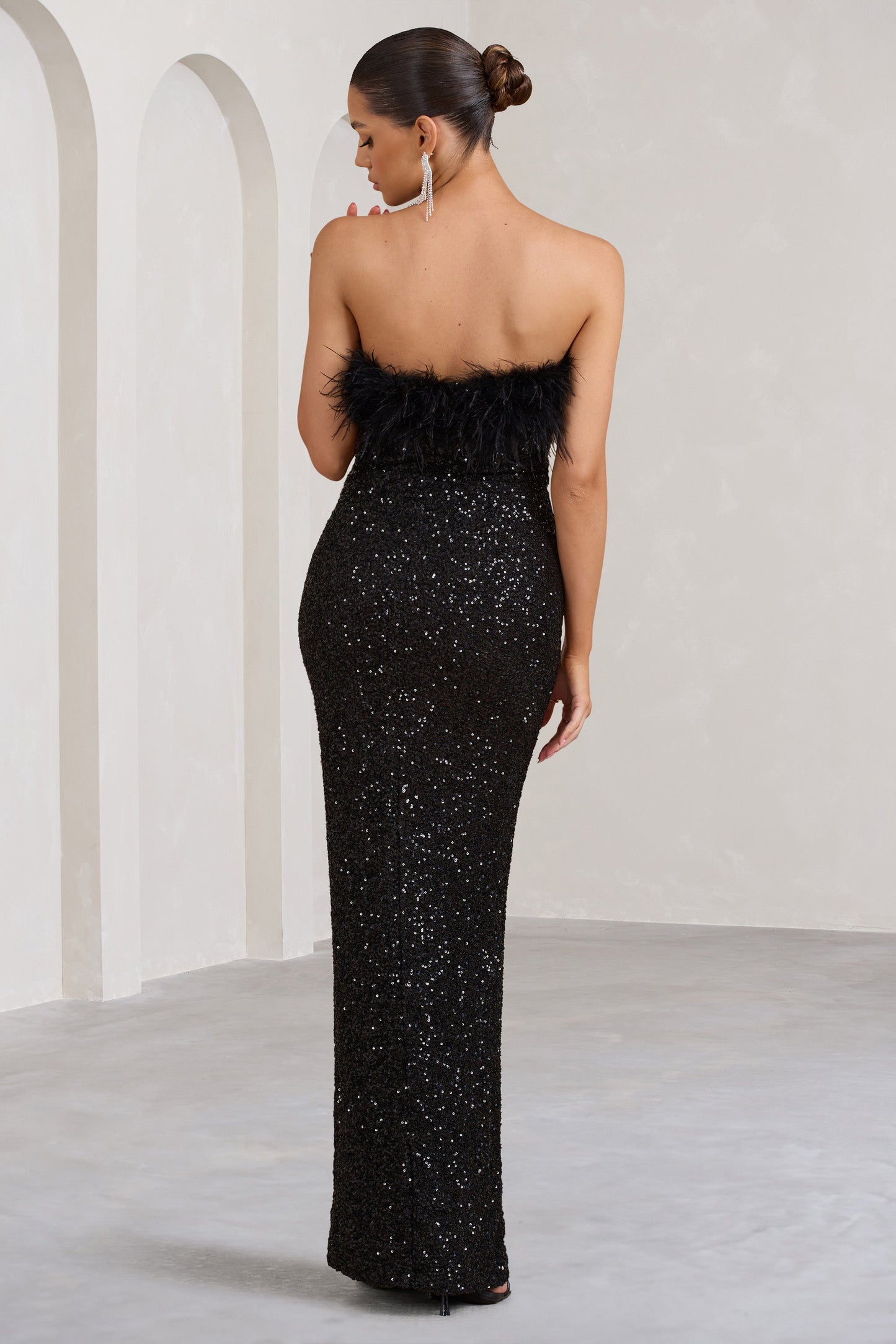 Old Money | Black Bodycon Sequin Maxi Dress With Feather Trim