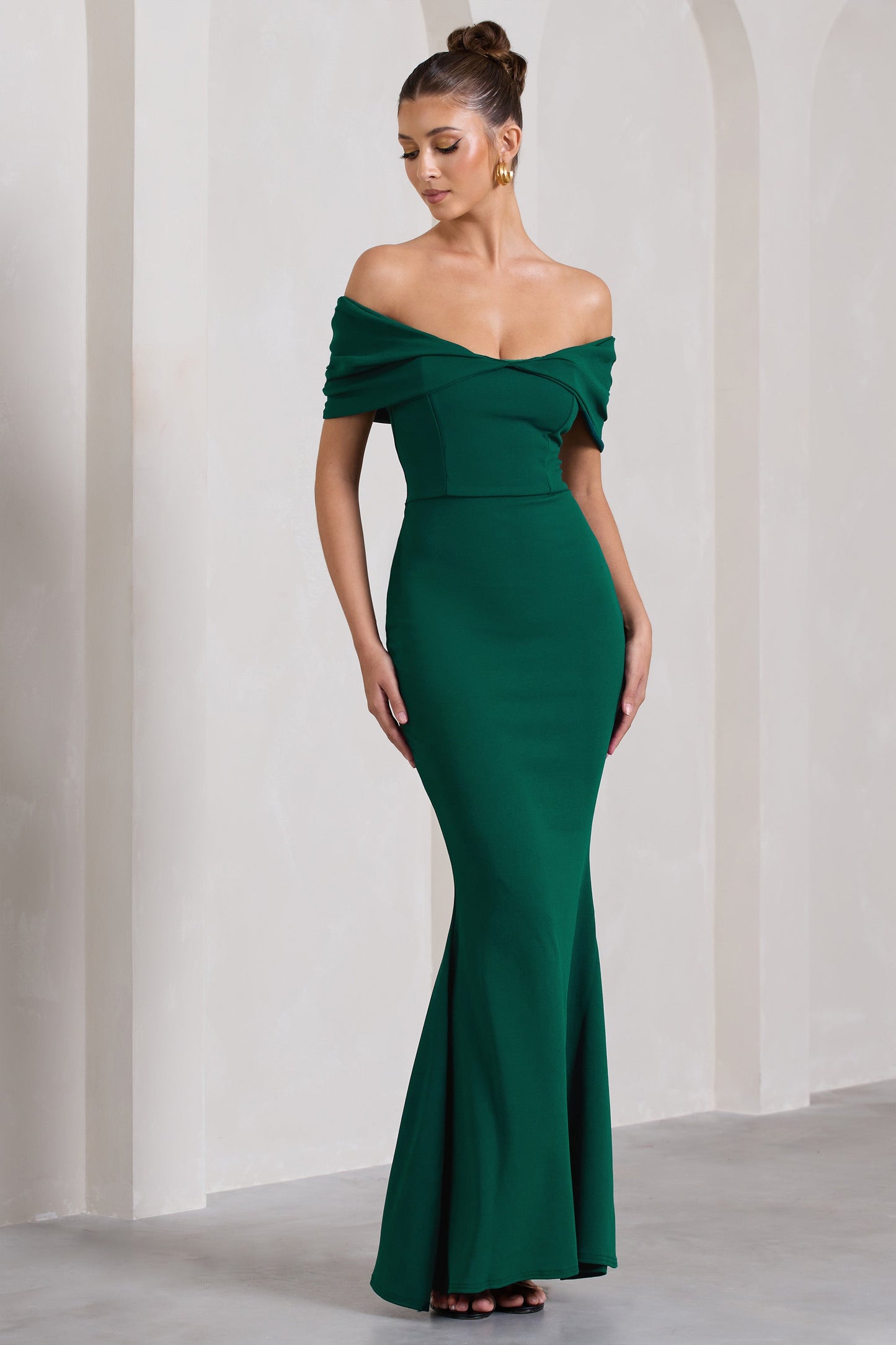 Dana | Bottle Green Bardot Maxi Dress With Short Gathered Sleeves