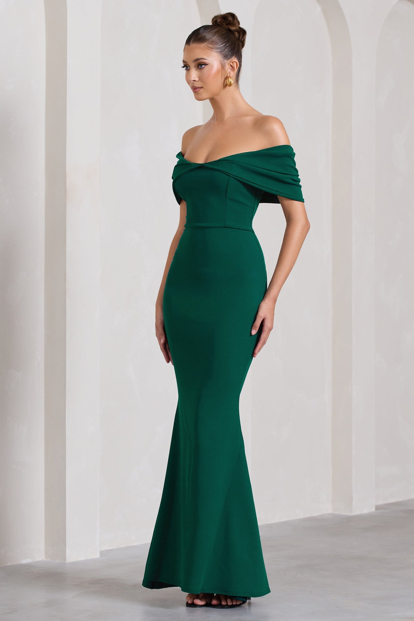 Dana | Bottle Green Bardot Maxi Dress With Short Gathered Sleeves