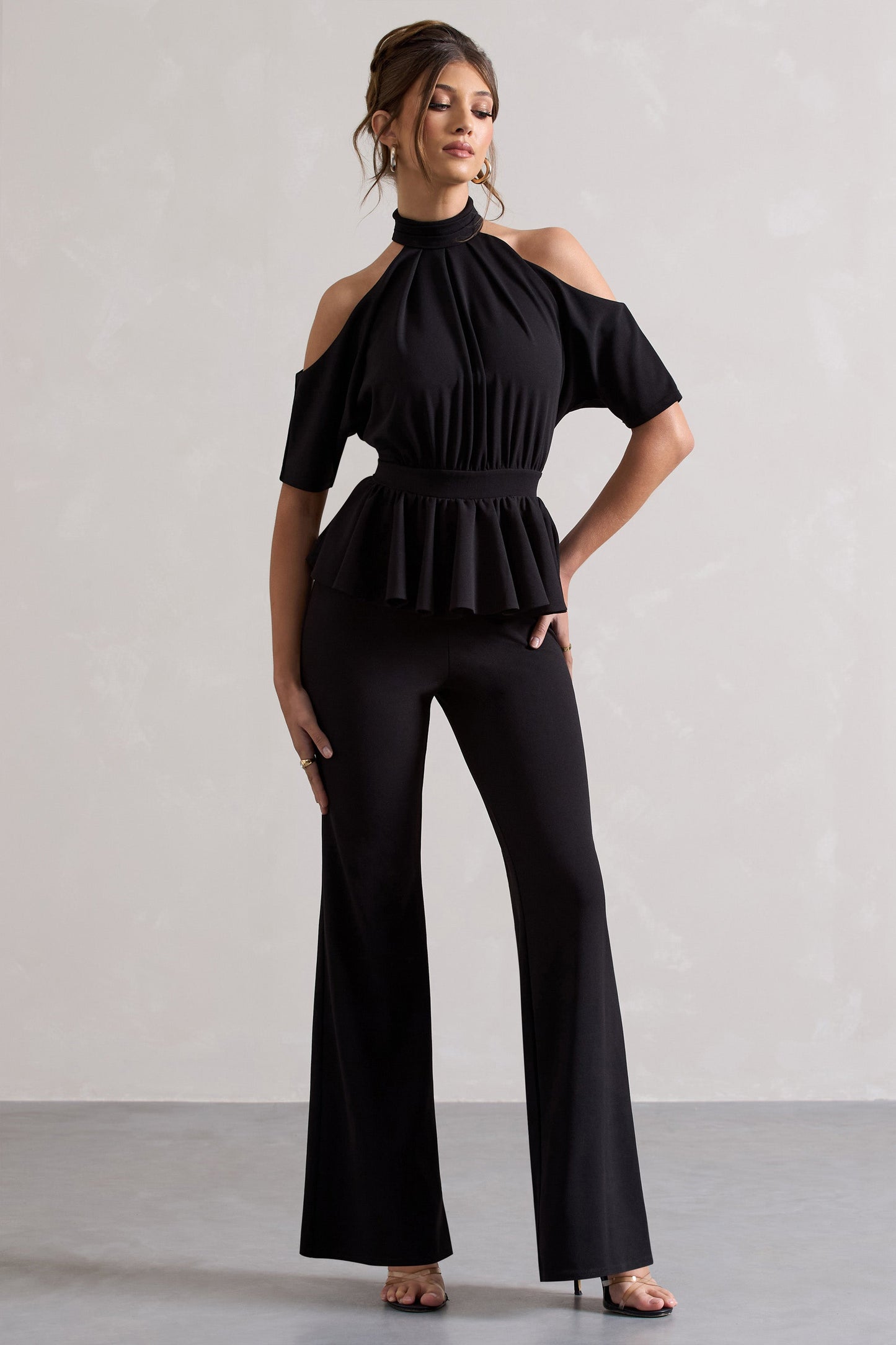 Osbourne | Black High-Neck Cut-Out Jumpsuit With Peplum Waist