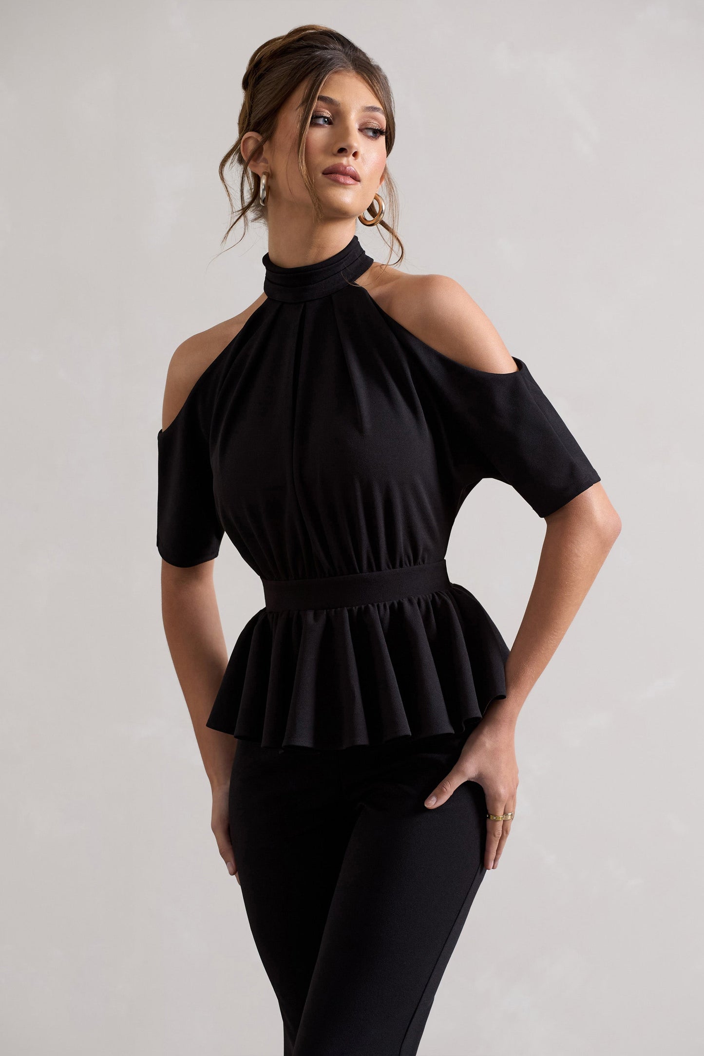 Osbourne | Black High-Neck Cut-Out Jumpsuit With Peplum Waist