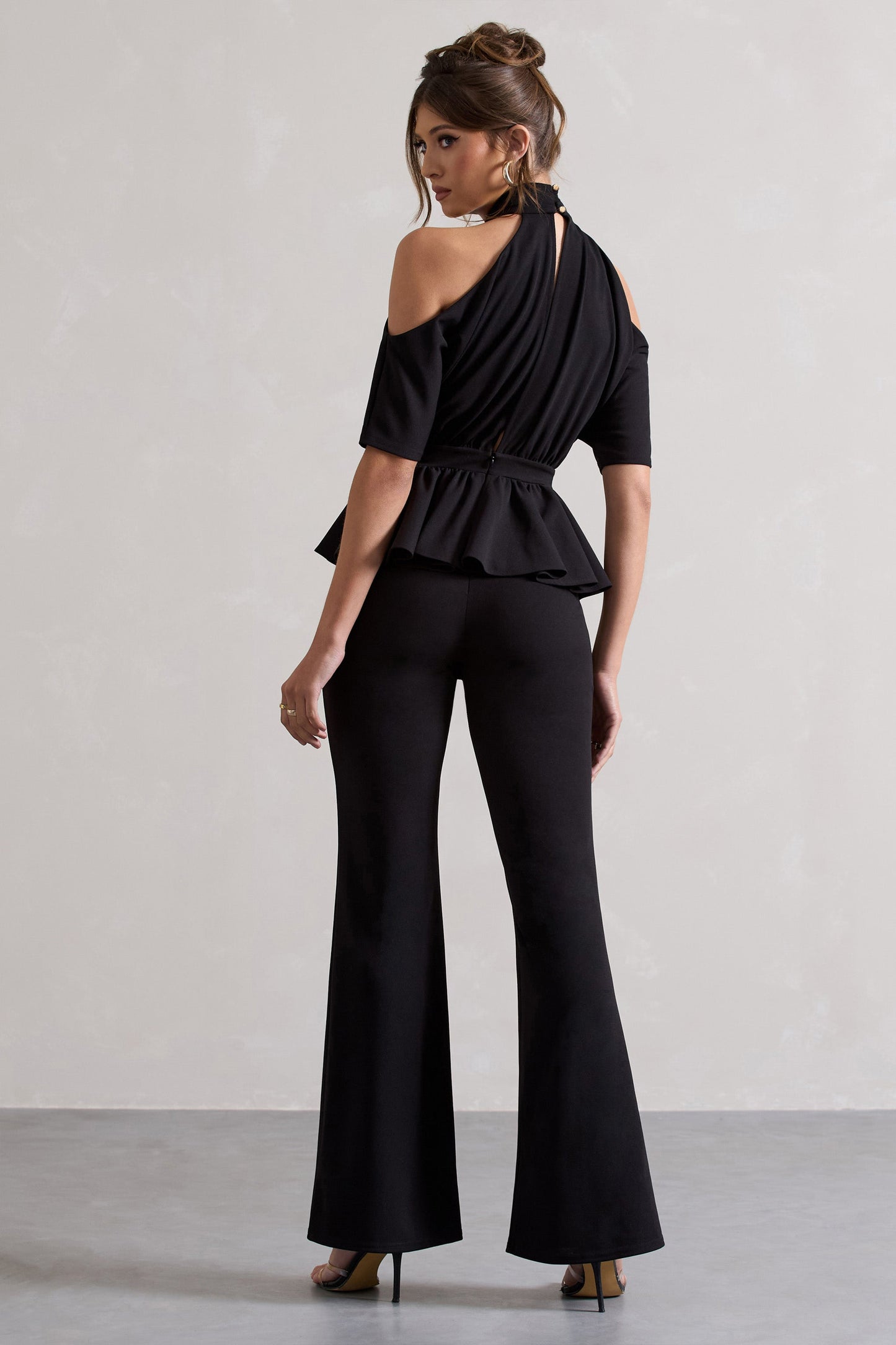 Osbourne | Black High-Neck Cut-Out Jumpsuit With Peplum Waist