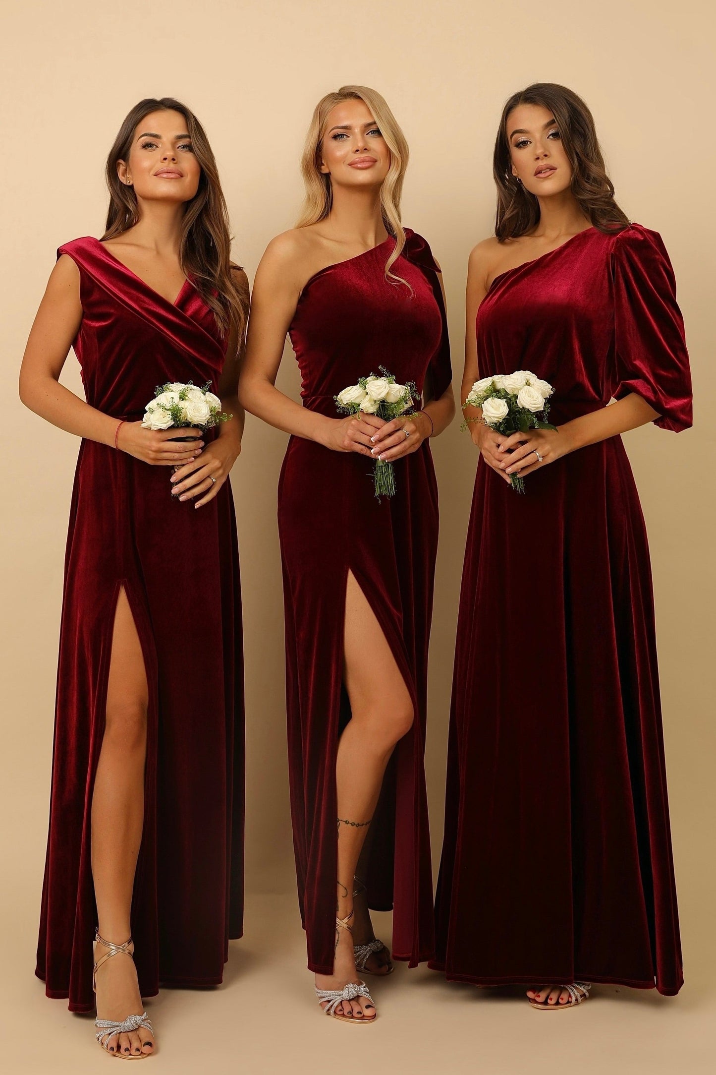 Burgundy Velvet One Shoulder Dress With Shoulder Bow