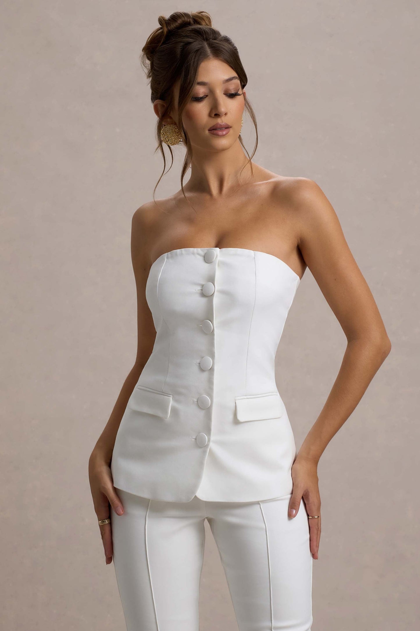 Elliana | White Strapless Button Front Tailored Top