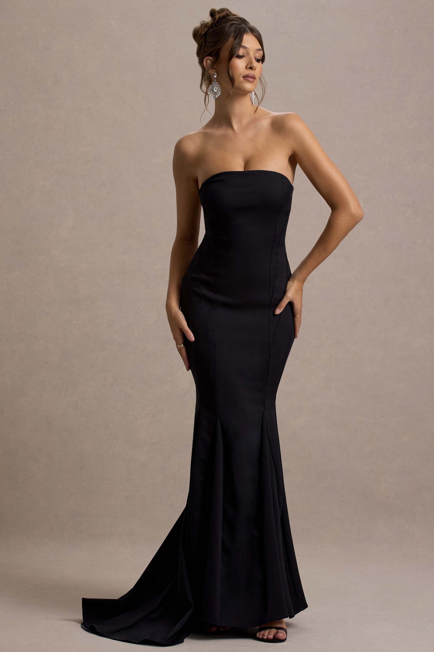 Adored | Black Strapless Structured Fishtail Maxi Dress