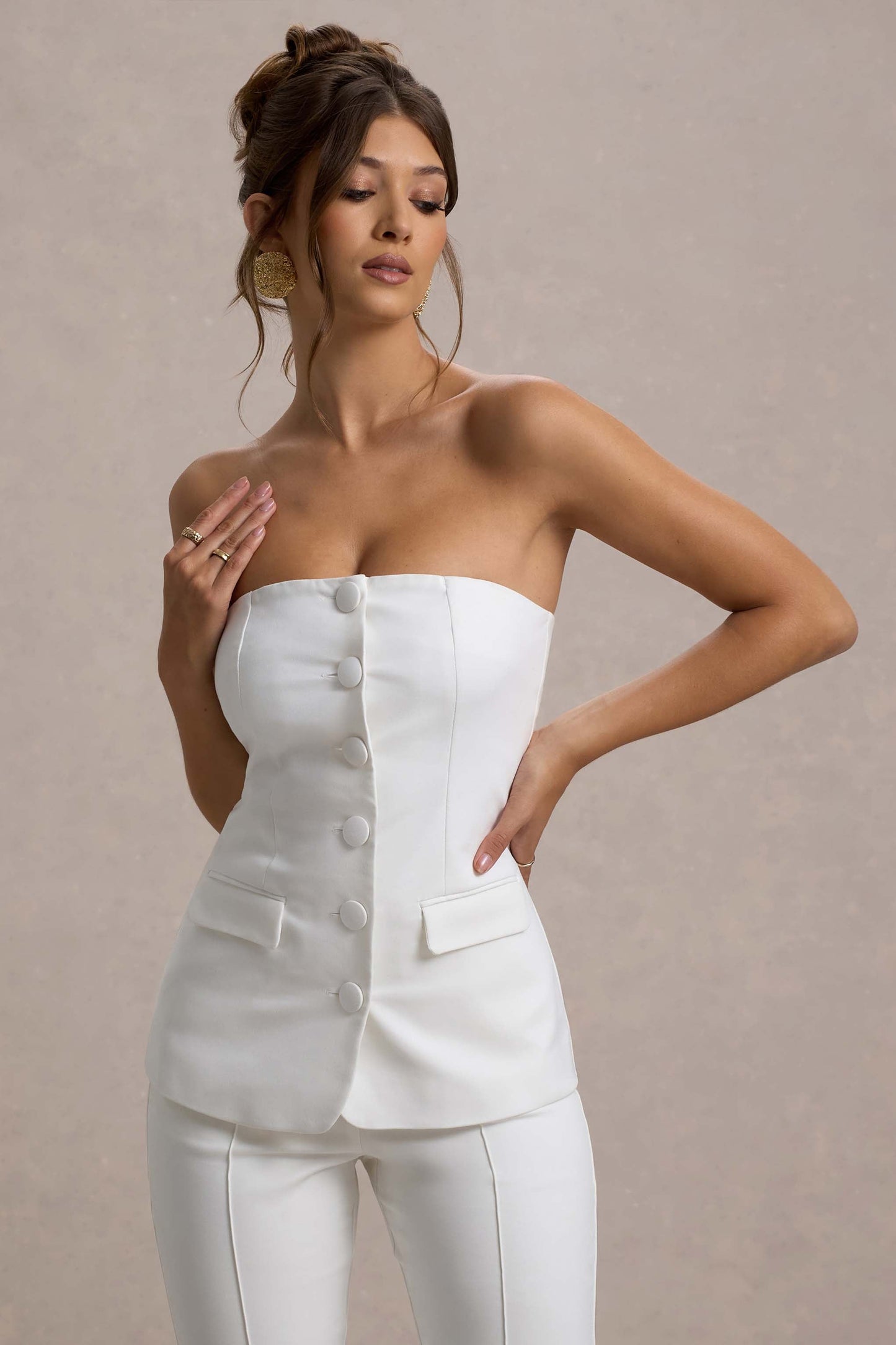 Elliana | White Strapless Button Front Tailored Top