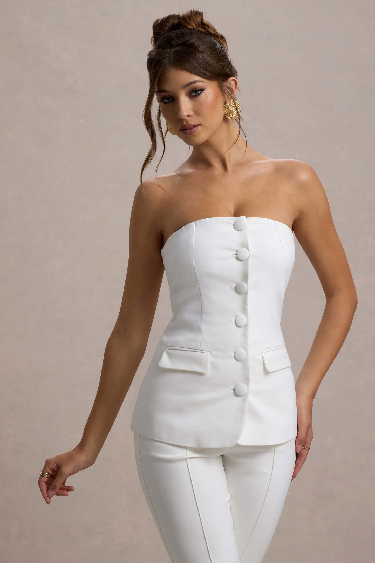 Elliana | White Strapless Button Front Tailored Top