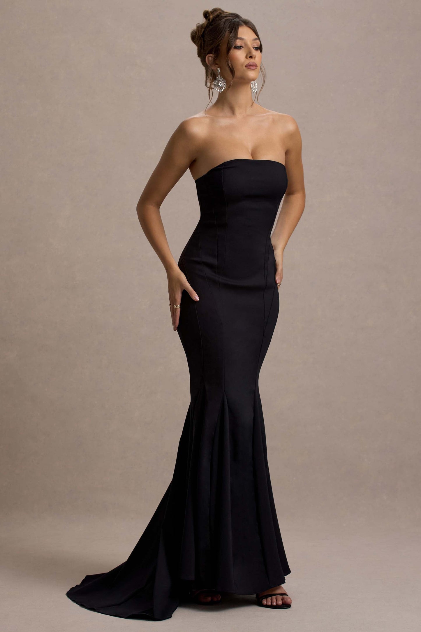 Adored | Black Strapless Structured Fishtail Maxi Dress