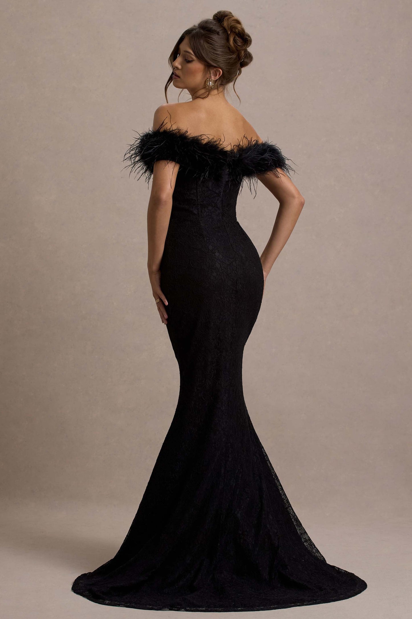 Idyll | Black Lace Bardot Feather Fishtail Maxi Dress