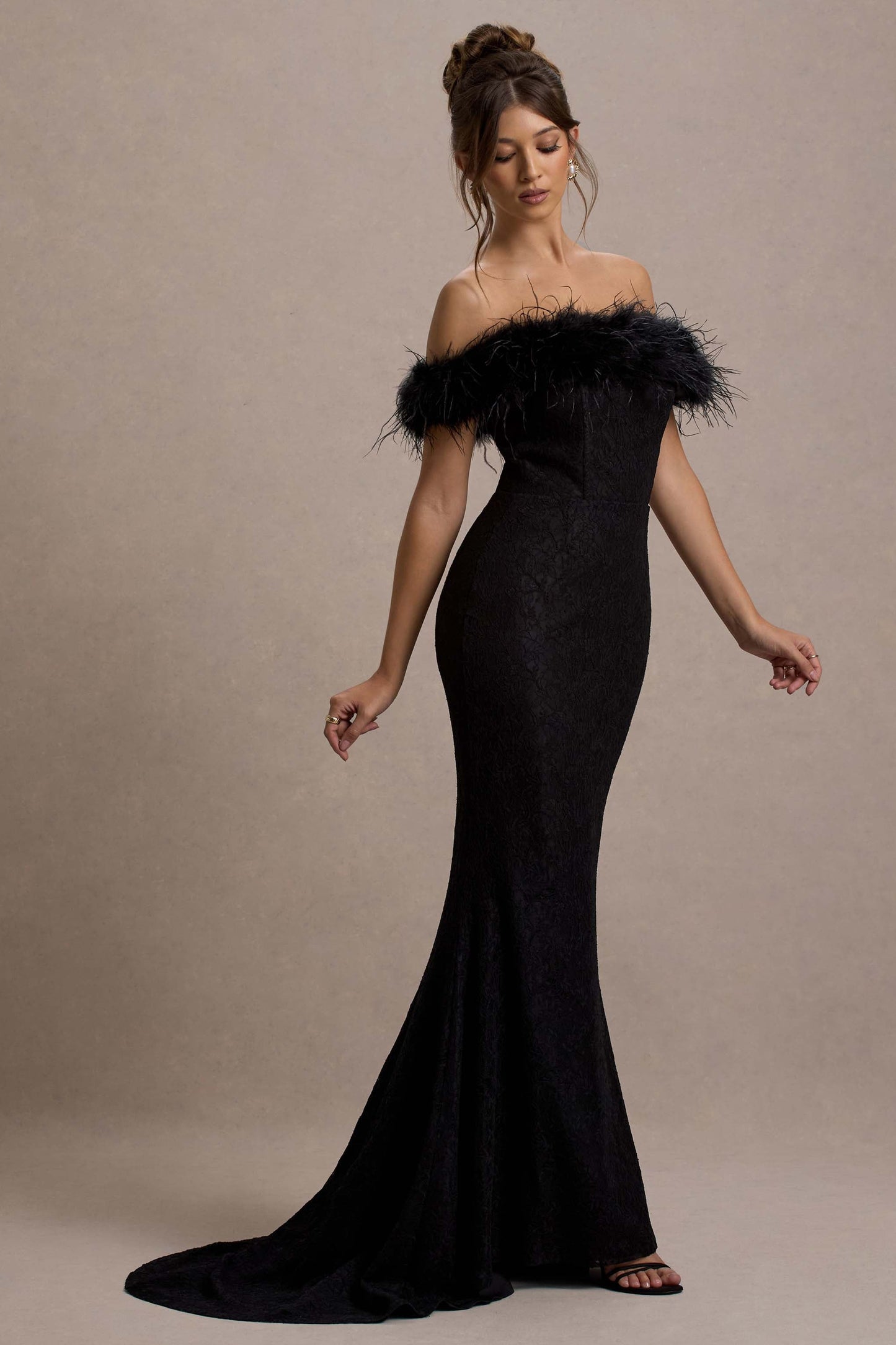 Idyll | Black Lace Bardot Feather Fishtail Maxi Dress